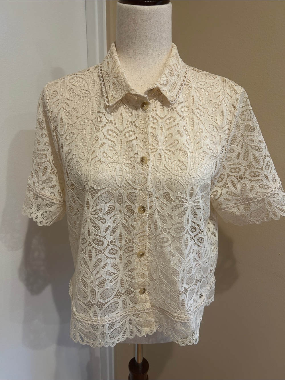 intimissimi Cream Lace Short Sleeve Button-Up Blouse